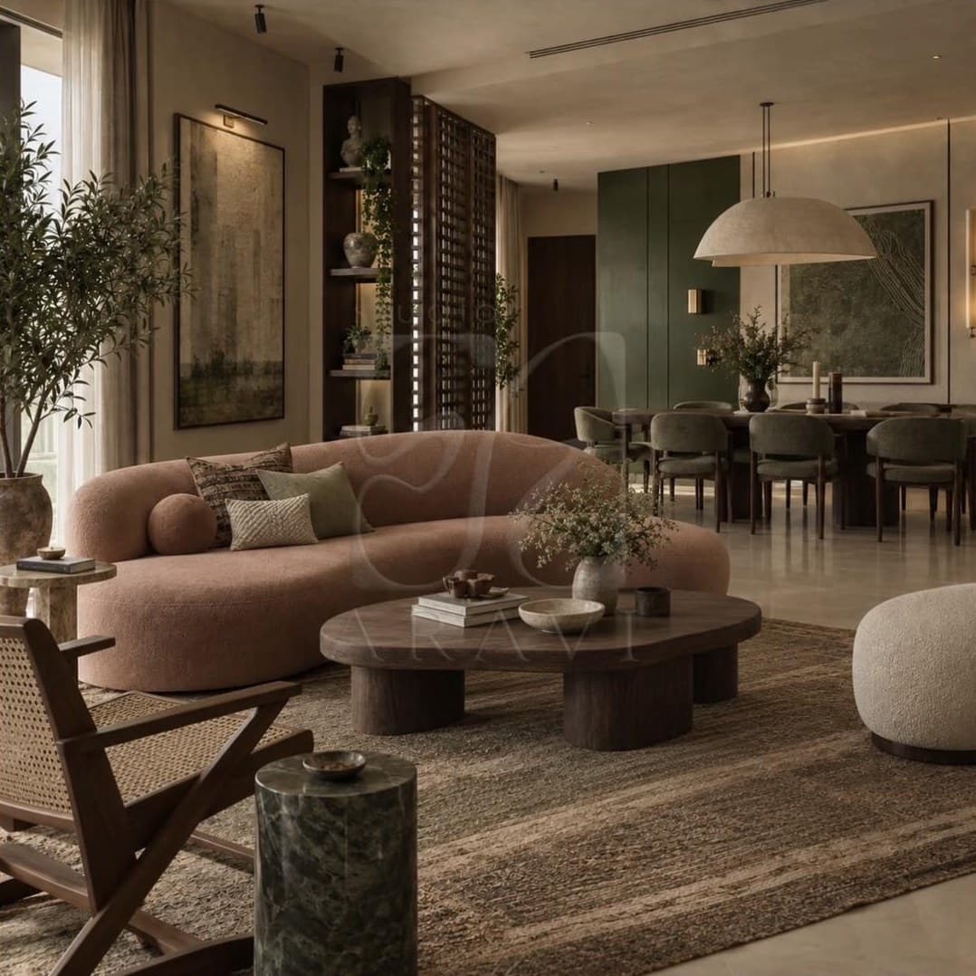 Open living and dining room with a clay-pink curved bouclé sofa, a dark timber coffee table, a cane lounge chair, a timber lattice screen and olive dining chairs beneath a dome pendant.