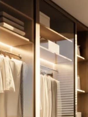 Glass-fronted wardrobe with lit shelves and white shirts on a hanging rail.